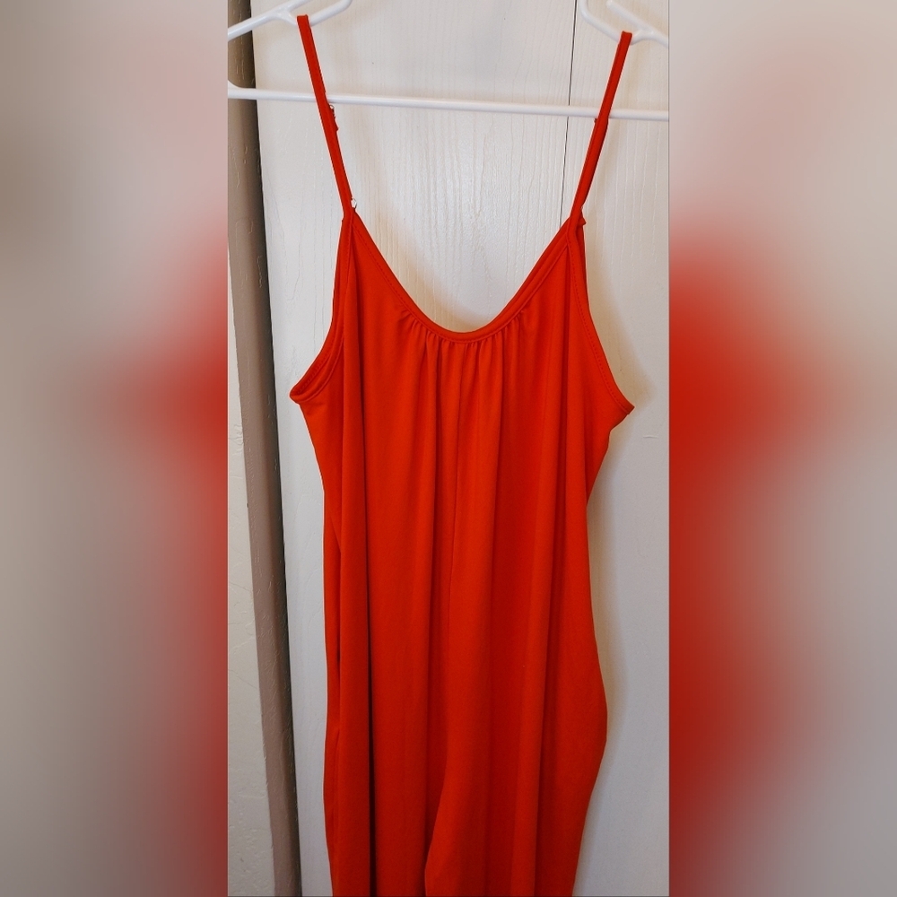 Red Wide Leg Cami Jumpsuit Size XL Ankle Length Adjustable Straps Pockets Comfy - Picture 2 of 7